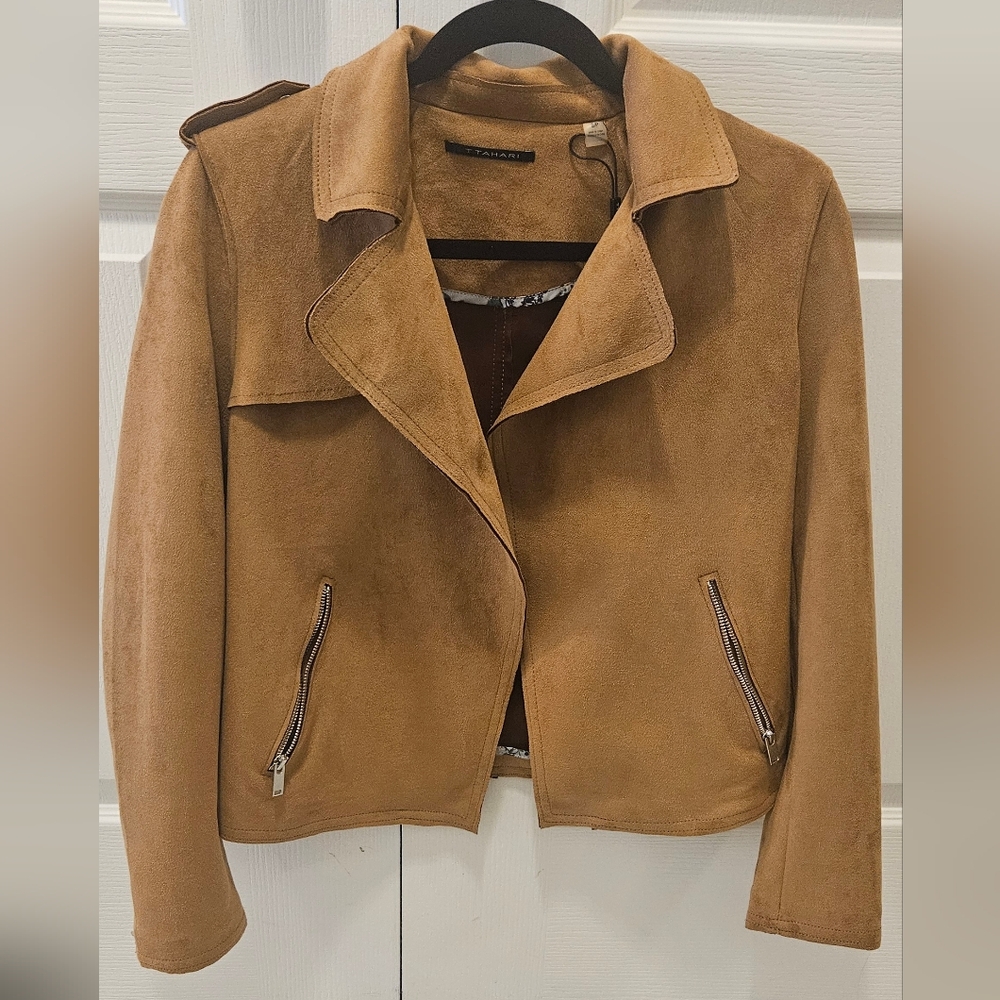 Tahari Women's Brown Crop Faux Suede Moto Jacket